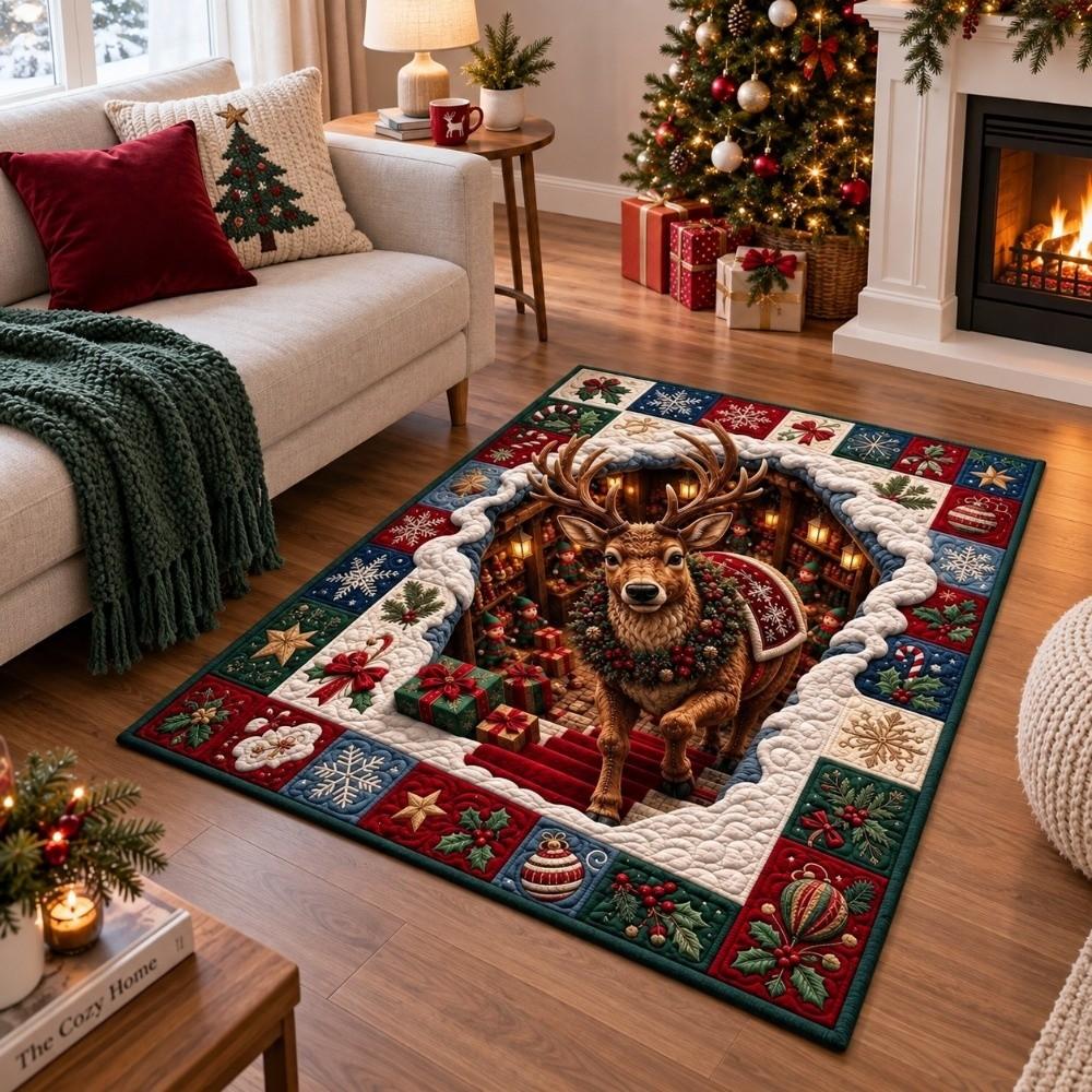 Santa Claus Christmas 3D Illusion Rug 2D Flat Printed Xmas Rug Christmas Small Carpet Christmas