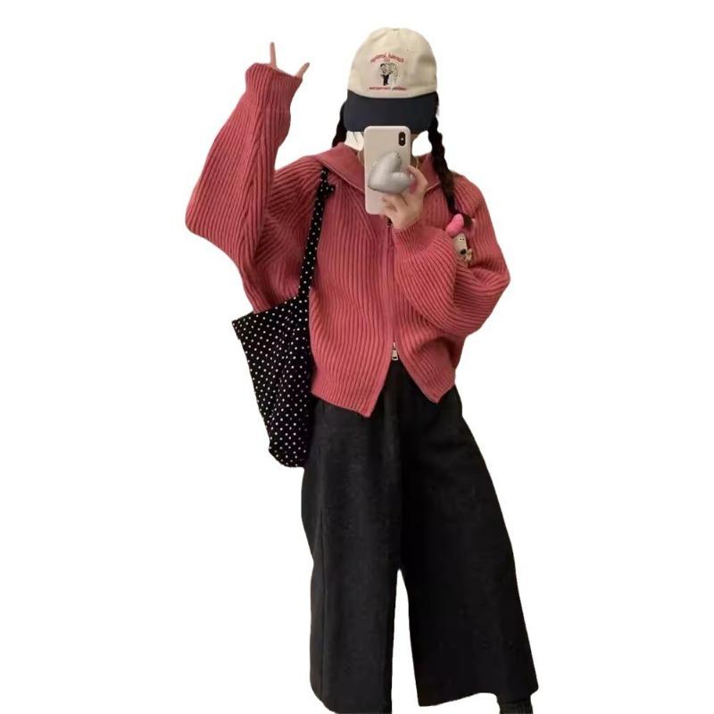 Simple zipper navy collar knitted cardigan women's autumn and winter new niche loose lazy sweater jacket