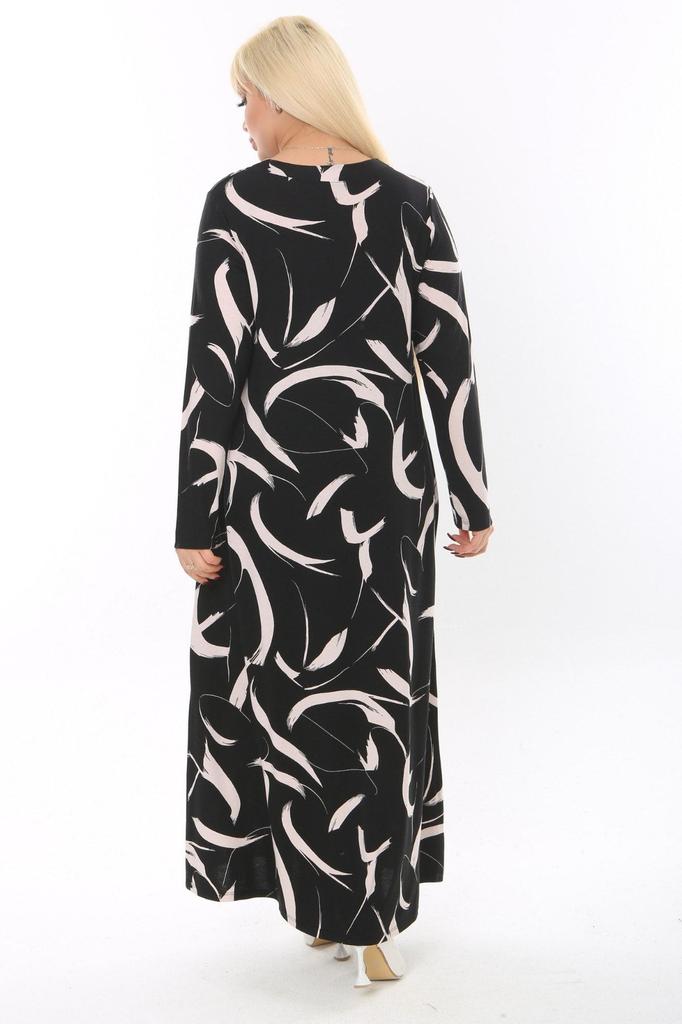 Damen Übergröße Kleid Plus Size Weißes Federmuster Geripptes Langarmkleid