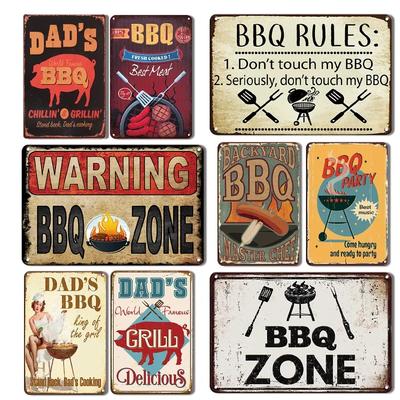 1pc BBQ Zone Metal Tin Sign Vintage Dad's BBQ Yard Outdoor Party Decoration Plate Retro Barbecue Rules Slogan Metal Signs