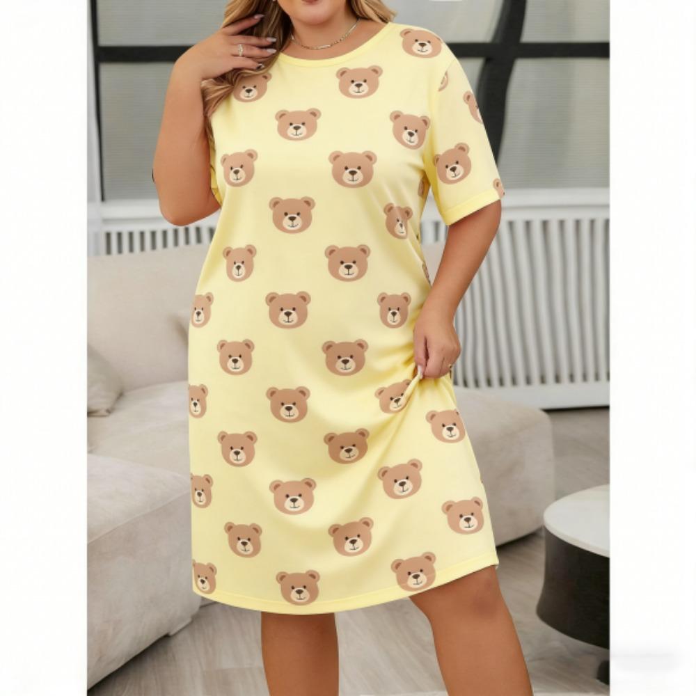 Europe and America Summer Fashion Print Women Short Sleeve Sleepwear Dresses Loose Fit Tee Nightwear Home Clothes Nightie Loungewear