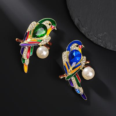 Elegant Parrot Bird Brooch Pin with Faux Pearl & Colorful Gemstones - Golden-Tone Luxury Animal Accessory, Sparkling Perfect for Daily Wear Parties