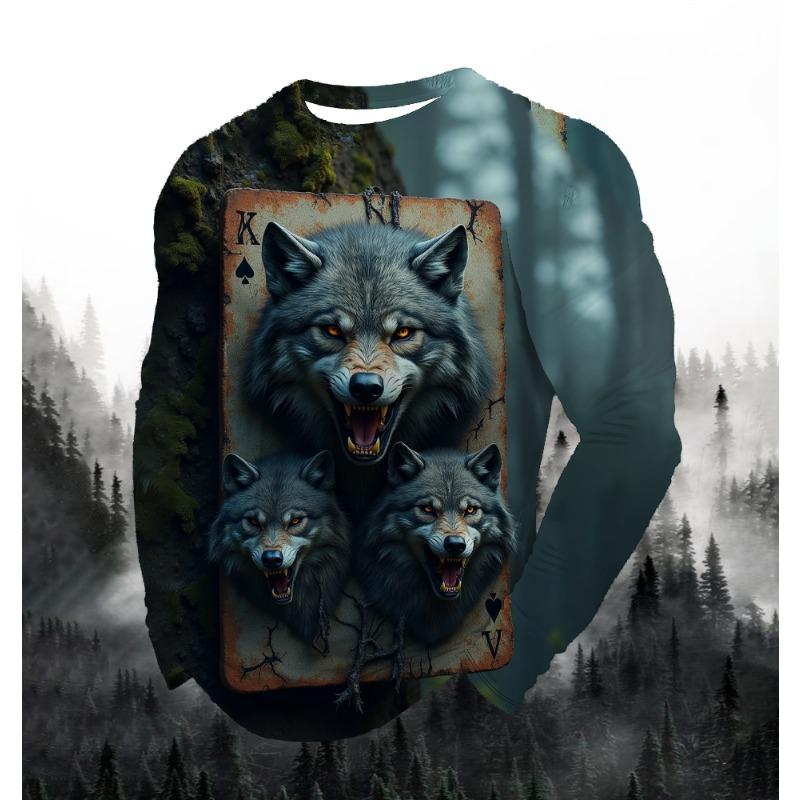 2024 Men's Fashion Print Round Neck Long Sleeve Party Autumn Sports Casual Pullover Men 3d Lonely Wolf Blue Print Tops