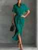 Women's Casual Dresses - Vintage Women Pleated Short Sleeve Button Down Shirt Dress Fashion