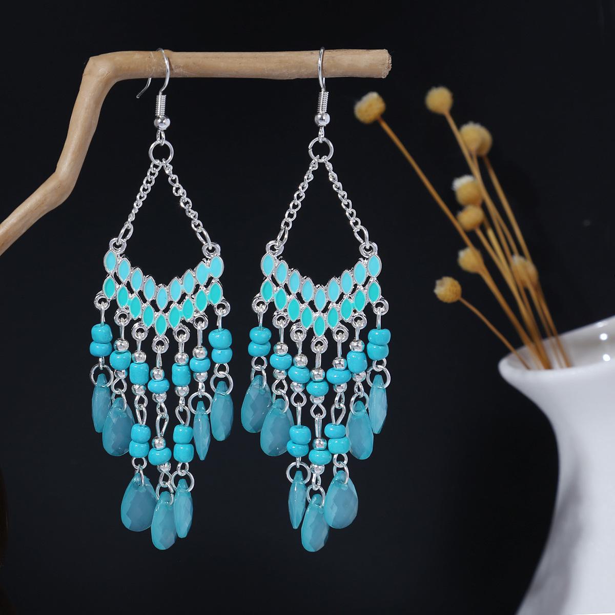 

Серьги-кисточки с рисовыми бусинами и каплями воды в стиле бохо - этнический стиль, яркая индивидуальность E6327