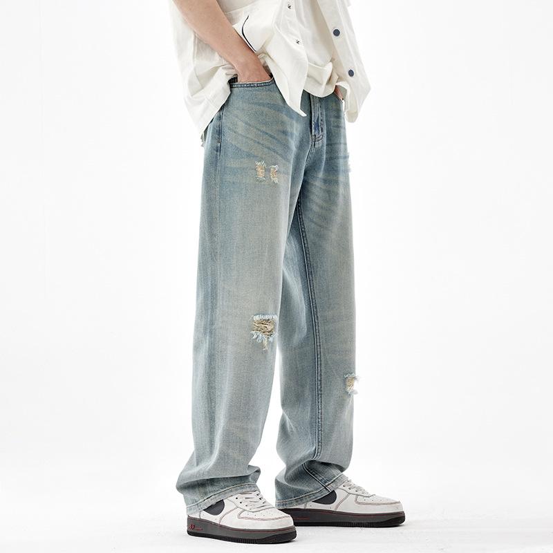American Retro Wide-leg Pants New Straight Trendy Brand Ripped Holes Fashion Street Trend Loose Jeans Men's Pants