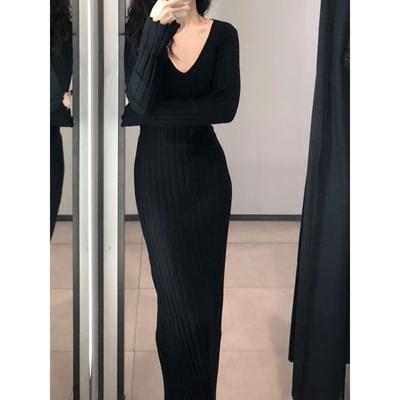 Rochie tricotată cu mâneci lungi cu decolteu în V, soră imperială high-end, talie sexy și rochie mulată cu dungi verticale subțiri