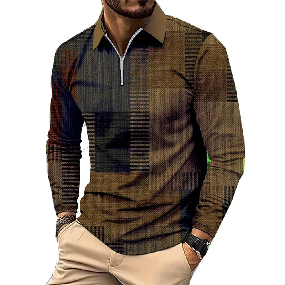 

Men s Collar Long Sleeved Polo Shirt Casual Sports Top Zipper Placket Thin Printed T-shirt 5XL кавовий