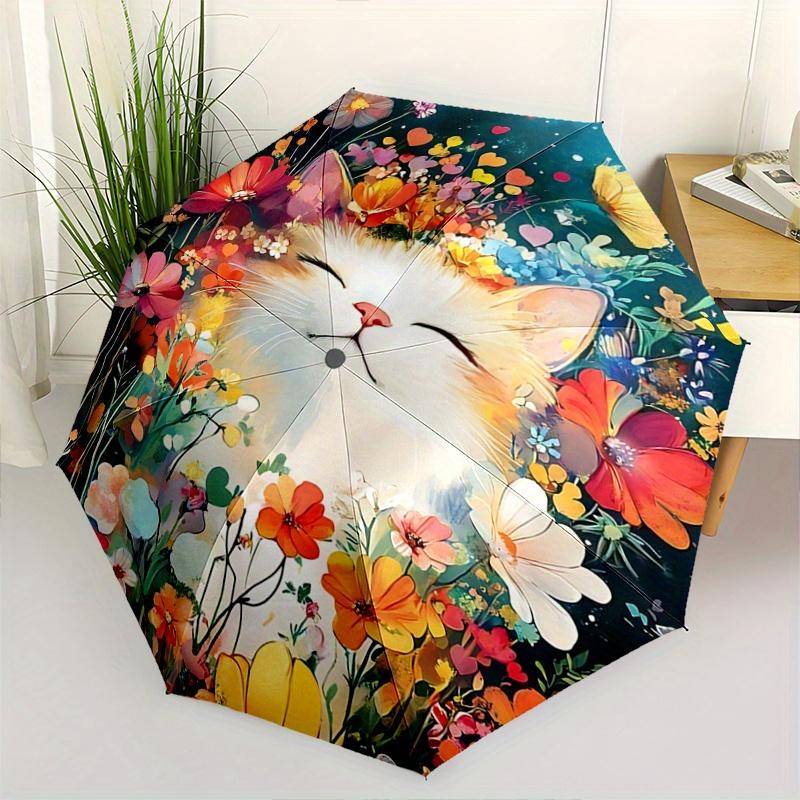 

1pc Colorful Art Cat & Flowers Fully Automatic Folding Portable Umbrella, 8 Iron Frames, Three-Fold Design, Suitable for All Seasons, Suitable for Out