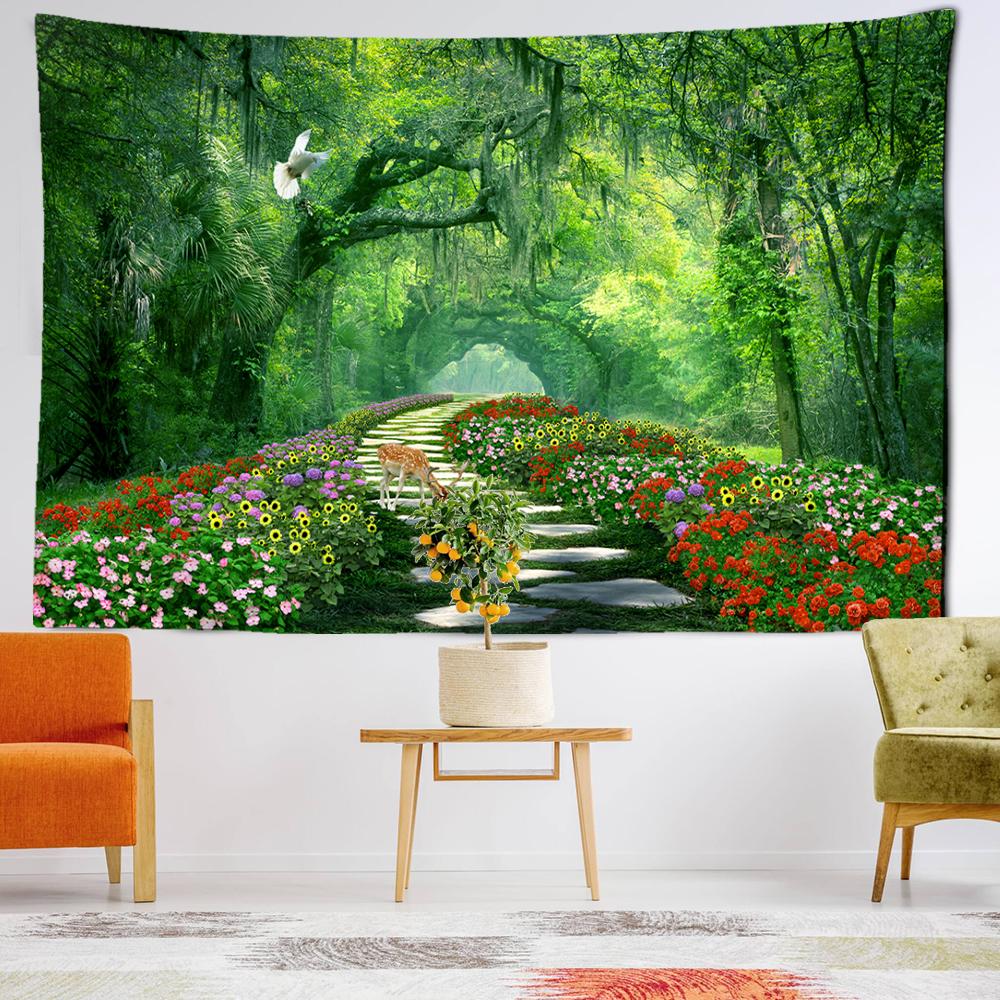 Deer Wildflower Forest Tapestry Wall Hanging Art Bohemian Modern Style Living Room Bedroom Background Cloth Home Decor