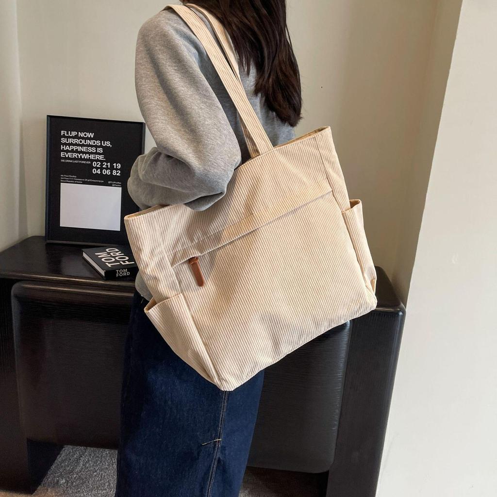 Women's Large Corduroy Tote Bag - Versatile Solid Color Shoulder Handbag