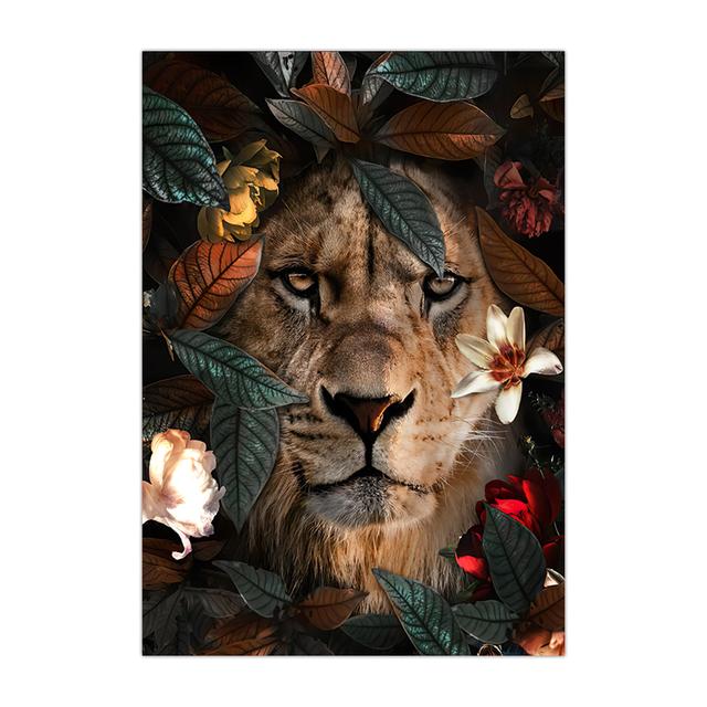 

Цветок с животным Львом Тигром Оленем Леопардом Холст Картина Настенная картина Картина с скандинавским принтом Плакат для гостиной Домашний декор Без рамки 50*70cm