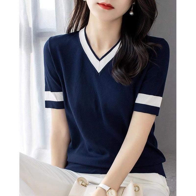 Temperament Sping Autumn T-Shirts Women V-Neck Striped Panelled Ice Silk Fashion Office Lady Short Sleeve Pullovers Knitted Tops