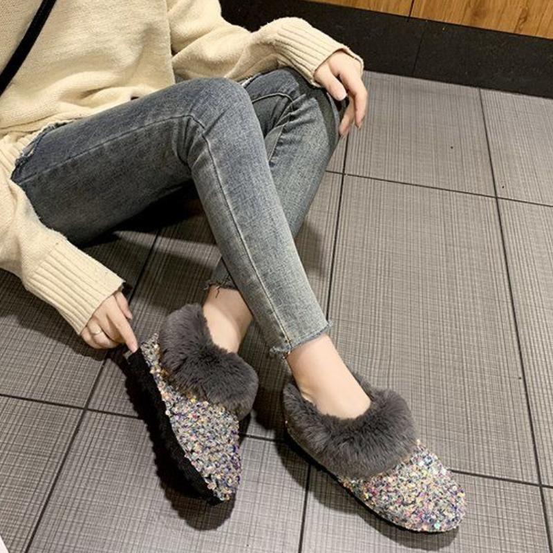 Winter Round Toe Flat Sequins Fleece-lined Woman Shoes Padded Y2k Work Furry Trend 2025 Designer Luxury Hot Snow Boots for Women