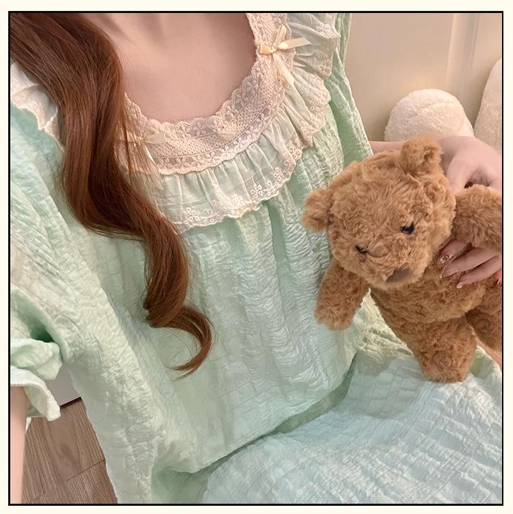 2026 Summer Women's Nightgown: Cloud Cotton, Bra Pads, Short Sleeve, Lace Trim Long Dress