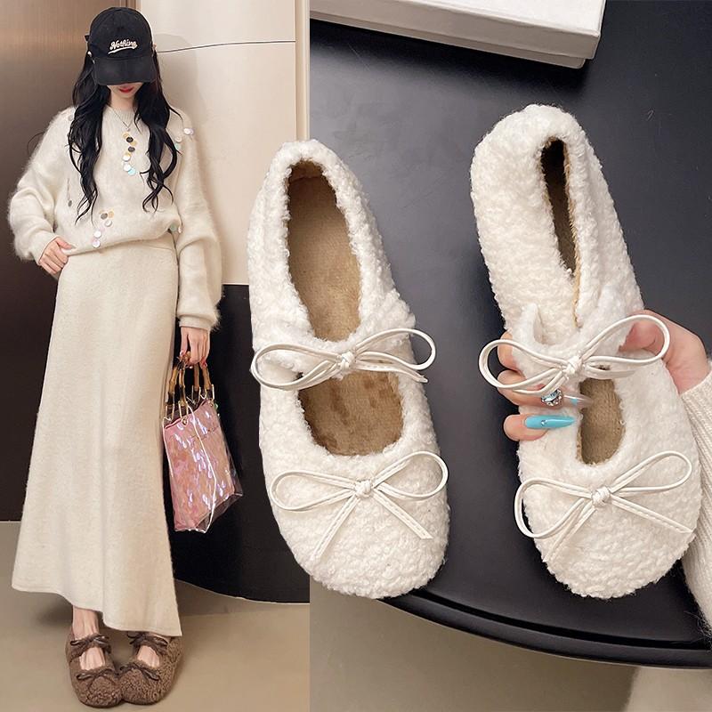 Sweet and Fluffy Shoes for Women's Autumn and Winter New Velvet Beanie Shoes for Women's Round Head and Shallow Mouth Flat-soled Cotton Shoes for