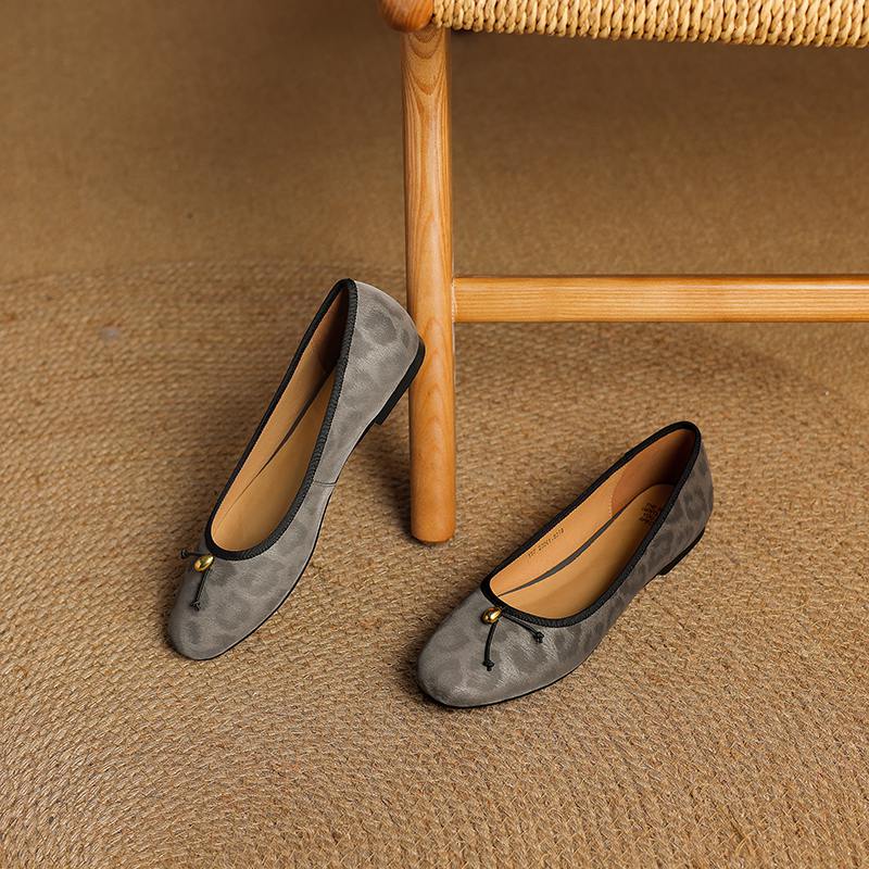 Krazing Pot Cow Skin Summer Spring Autumn Winter Flats Slip on Leopard Women Keep Warm Round Toe Bowtie Shallow Shoes