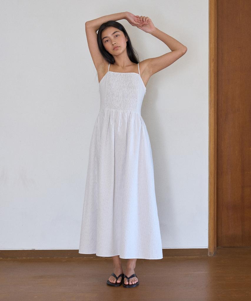 Manggomaenipeullijeu Sherry Shirring One Piece_Ivory Stripe