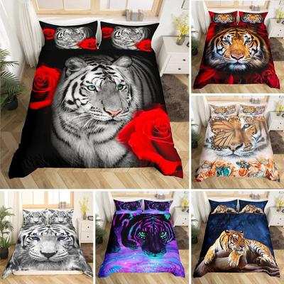White Tiger Red Rose King Queen Duvet Cover Africa Big Cat Flower Bedding Set for Teen Adult Animal 3D Polyester Quilt Cover