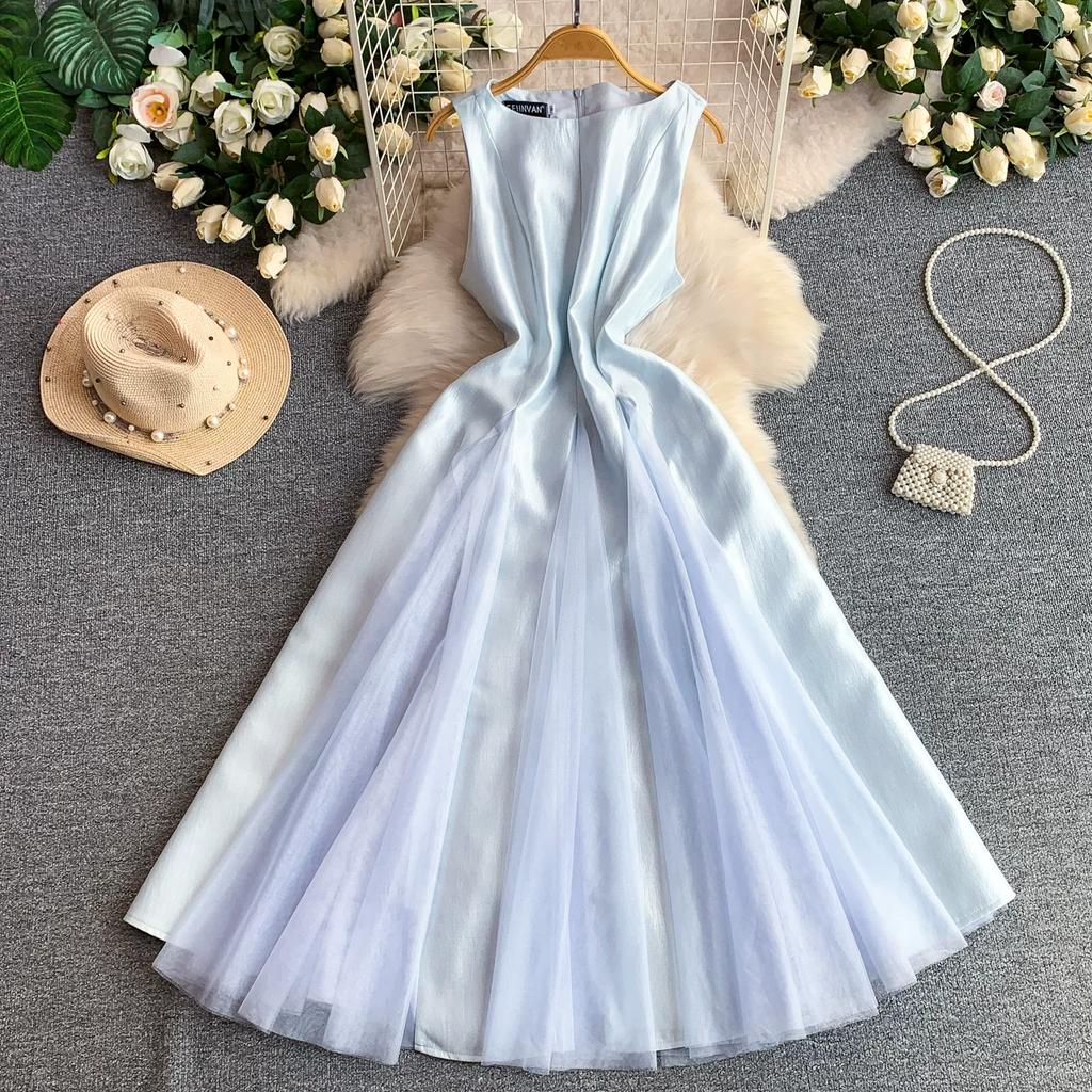 Summer New Sleeveless White Spliced Tulle Satin Maxi Dress Women‘s O Neck Slim Waist Ruched A Line Formal Wedding Evening Party Dress