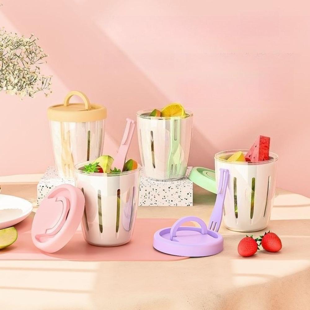 Salad Cup with Fork Cylindrical Plastic Fruit Container Multifunctional with Drainage Portable for Lunch and Snacks