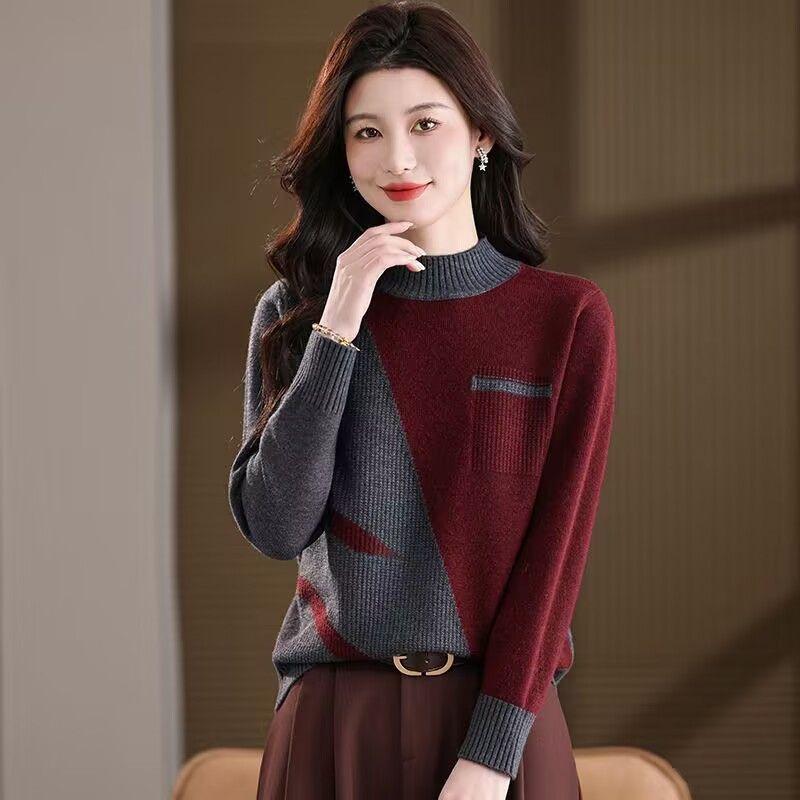 Autumn Winter Women's Crew Neck Thick Knit Sweater Loose Color-block Soft and Skin-friendly Knitted Pullover Top