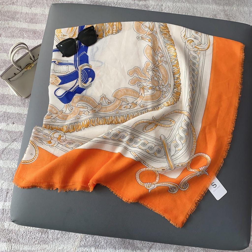 New Emma orange beard removal large square scarf fashion tassel women's temperament shawl silk scarf spring and summer go out decorative scarf
