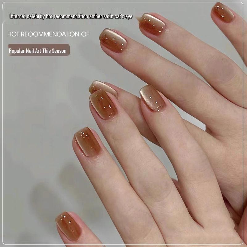 2025 Amber Cat Eye Manicure - Silk False Nail Tips with Flash Caramel Gold Glass Bead Design