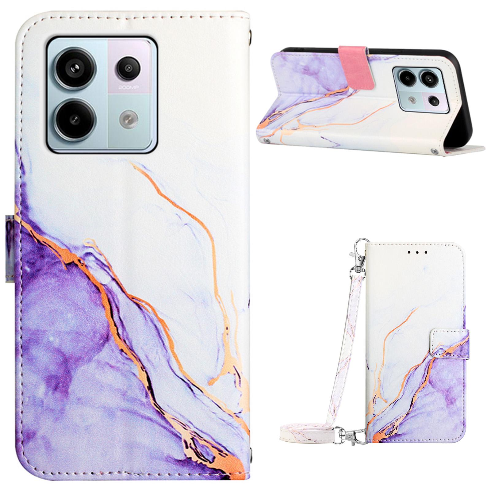 

For Xiaomi Redmi Note 13 Pro 5G/Poco X6 5G Leather Case with Shoulder Strap Marble Pattern Phone Stand Cover White/Purple LS006