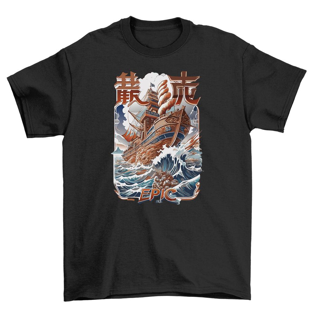Episches Anime-Schiff segelt durch Wellen - Lustiges T-Shirt für Herren Damen Tops, Unisex-Design, Perfekt für