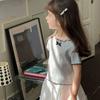 1-12Y Girl's Shirts Korean-style Knitted Lace-Trimmed Short-Sleeve Summer Ruched Tops Trendy Breathable Bow Tie Versatile Tee