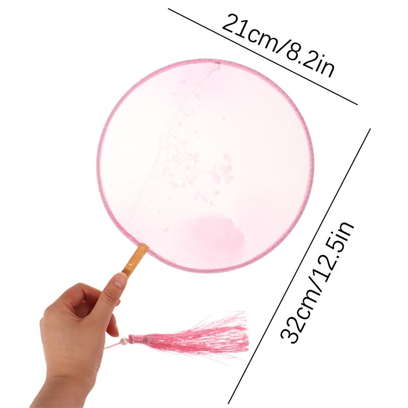 Chinesischer Runder Handfächer Vintage Druck Seidenfächer Antike Quaste Tanzhandfächer Cheongsam Tang Anzug Hochzeitsfeier Accessoires
