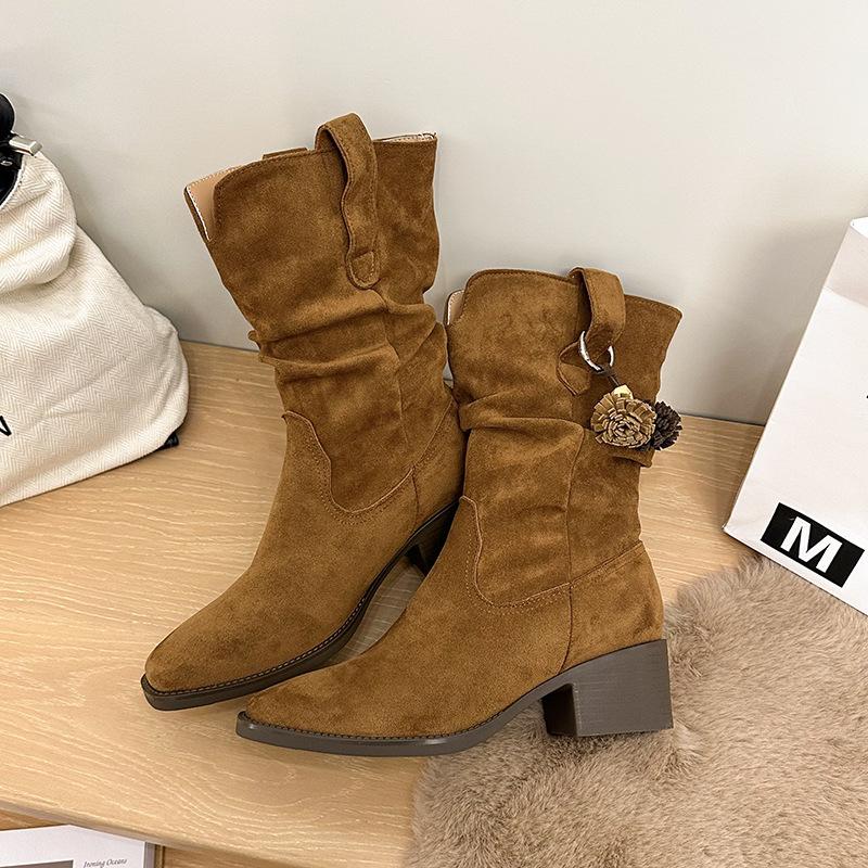 2025 autumn new sweet and cool girl height-increasing medium tube stacking boots women's V-mouth western boots thick heel thin knight boots