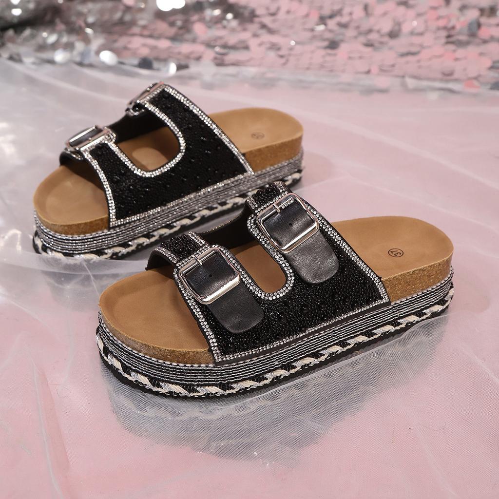 Summer new foreign trade muffin thick-soled double-buckle rhinestone cork beach one-word slippers large-size women's shoes