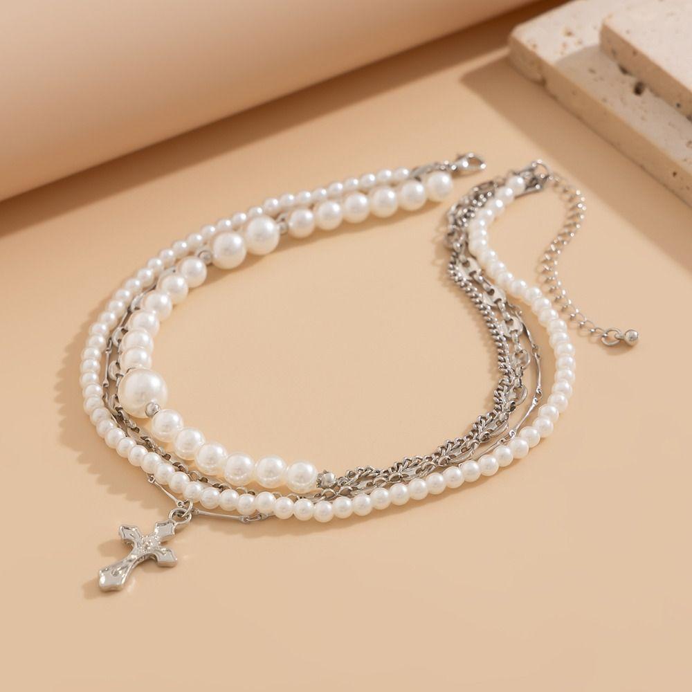Cross Exaggerated Pearl Neckchain Elegant Women's Clavicle Chain  Jewelry Gift