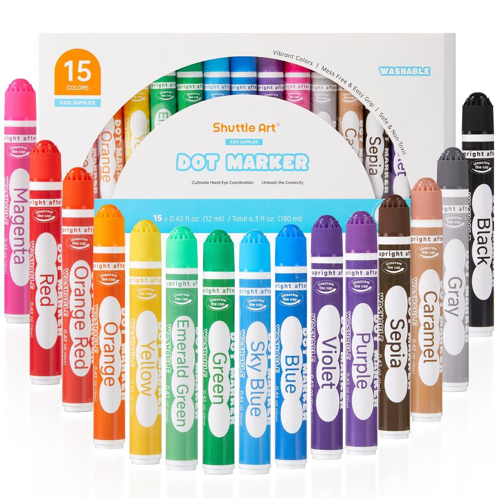 Shuttle Art Dot Marker Color Pen Set of 15 Colors 12ml for Kids Washable Coloring Doodle Easy To Grip Toy Gift Water-based