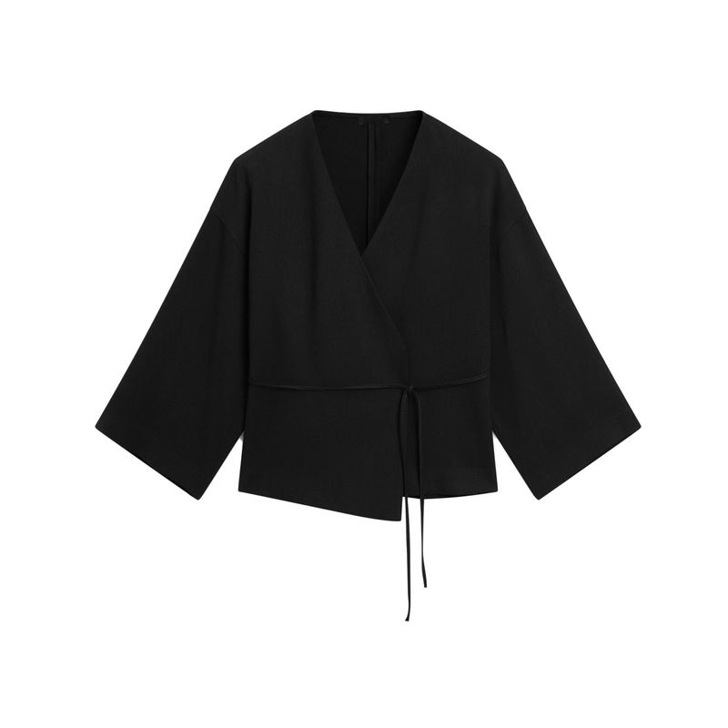 MD Early Autumn New Women clothes New Chinese Style High Sense Black Drape V-neck Lace-up Shirts Top 5108709