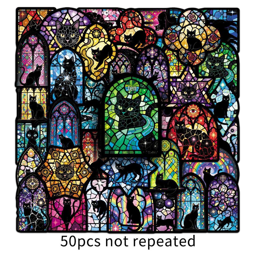 50 Stained Glass & Black Cat Gothic Stickers - Colorful, Waterproof, Decorative Journal Set