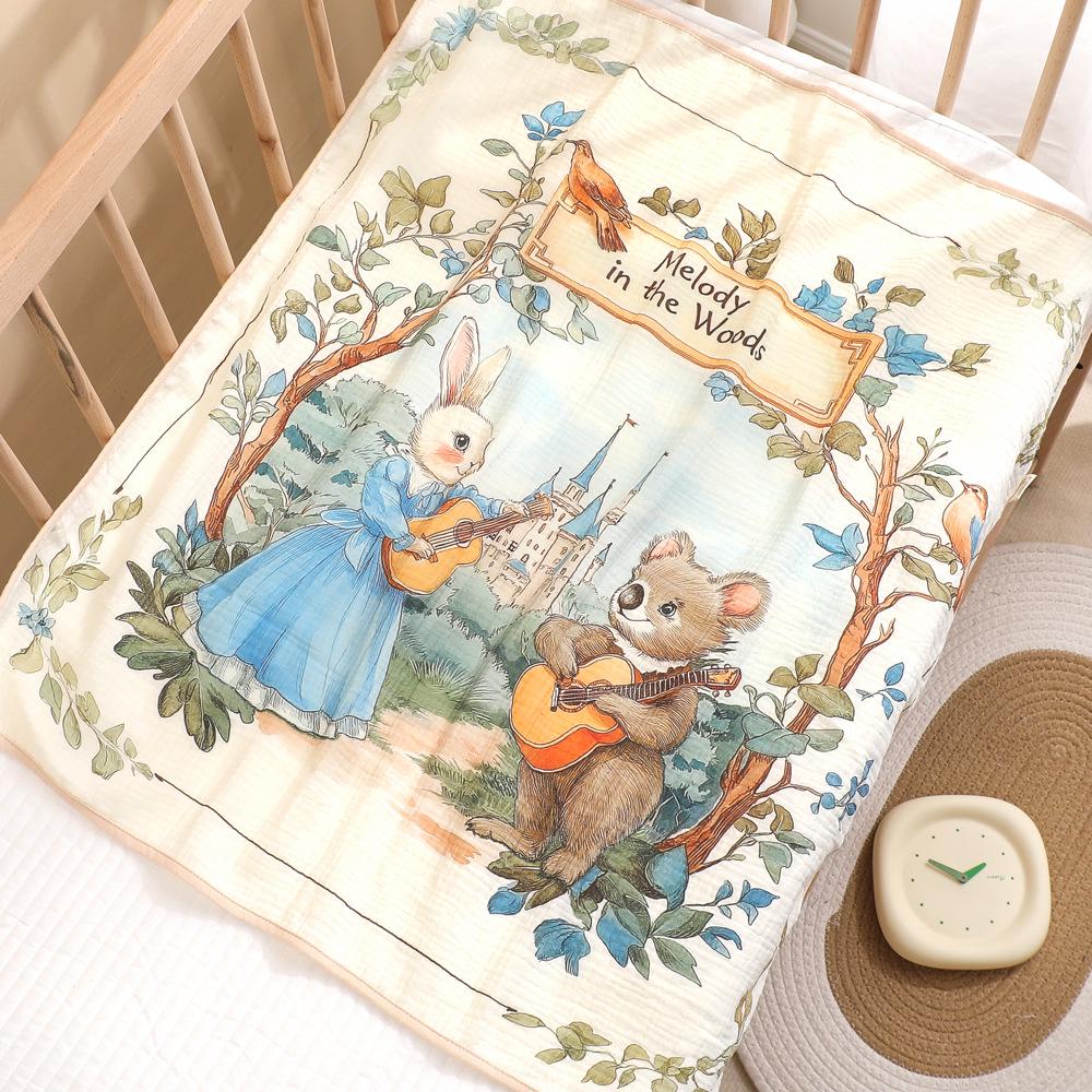Newborn Cartoon Print Gauze Swaddle Blanket - Two-Layer Infant Wrap, Absorbent Bath Towel