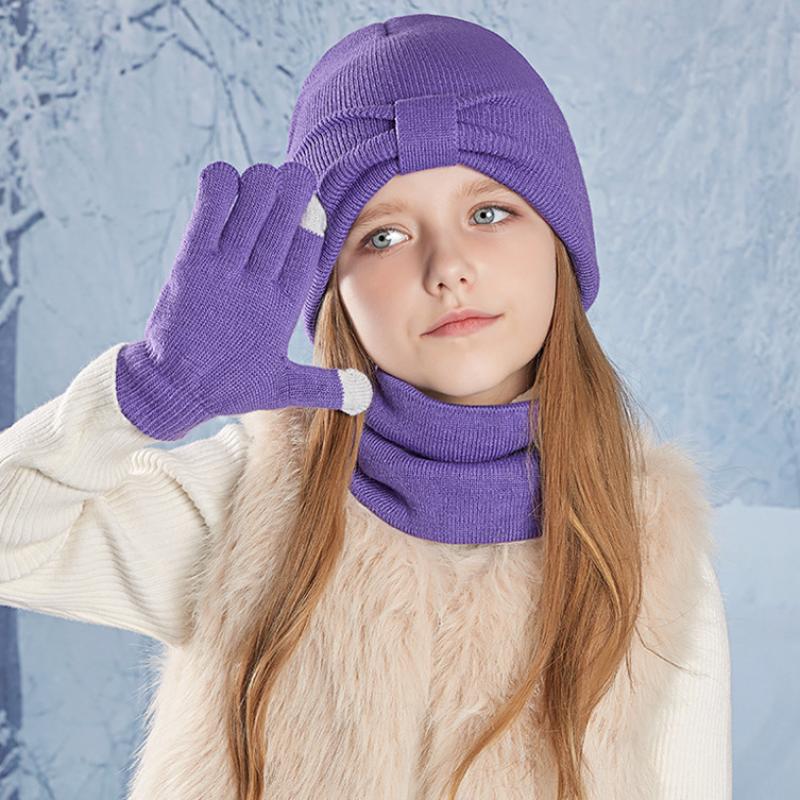 3-teiliges Winter-Mützen-Set für Kinder, Beanie, Schal, Handschuhe, warme Ohren, Strickmütze für Mädchen und Jungen, Kappe, Nackenwärmer, Outdoor, 3–8 Jahre