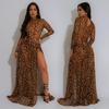 Women's Sexy Leopard Print Long Sleeve Split Dress