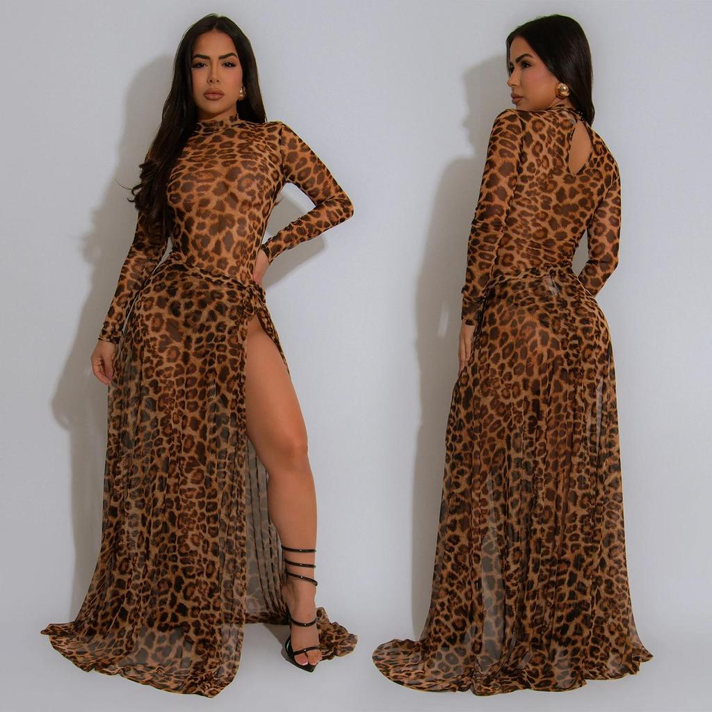 Women's Sexy Leopard Print Long Sleeve Split Dress