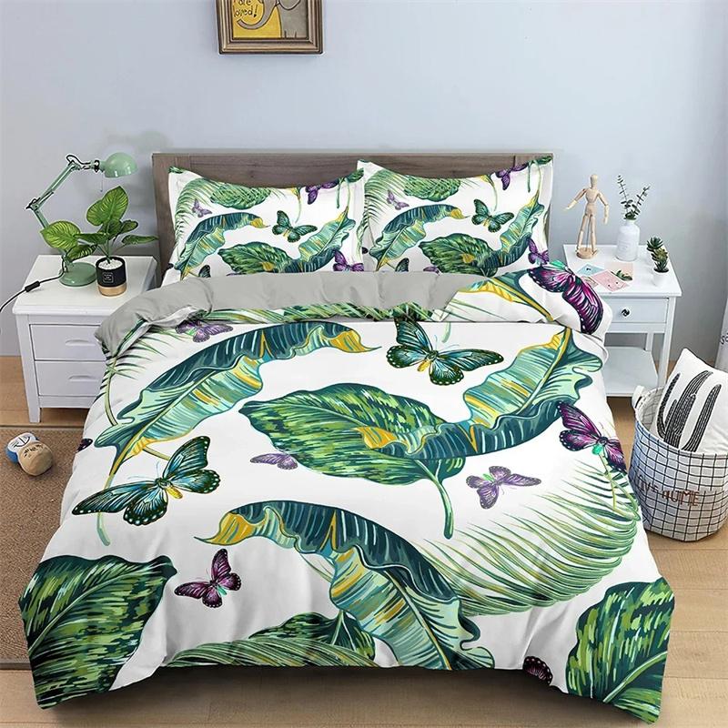 Tropical Plant Bedding Set Green Leaves Duvet Cover with Zipper Closure Comforter Cover Queen King Full Polyester Quilt Cover