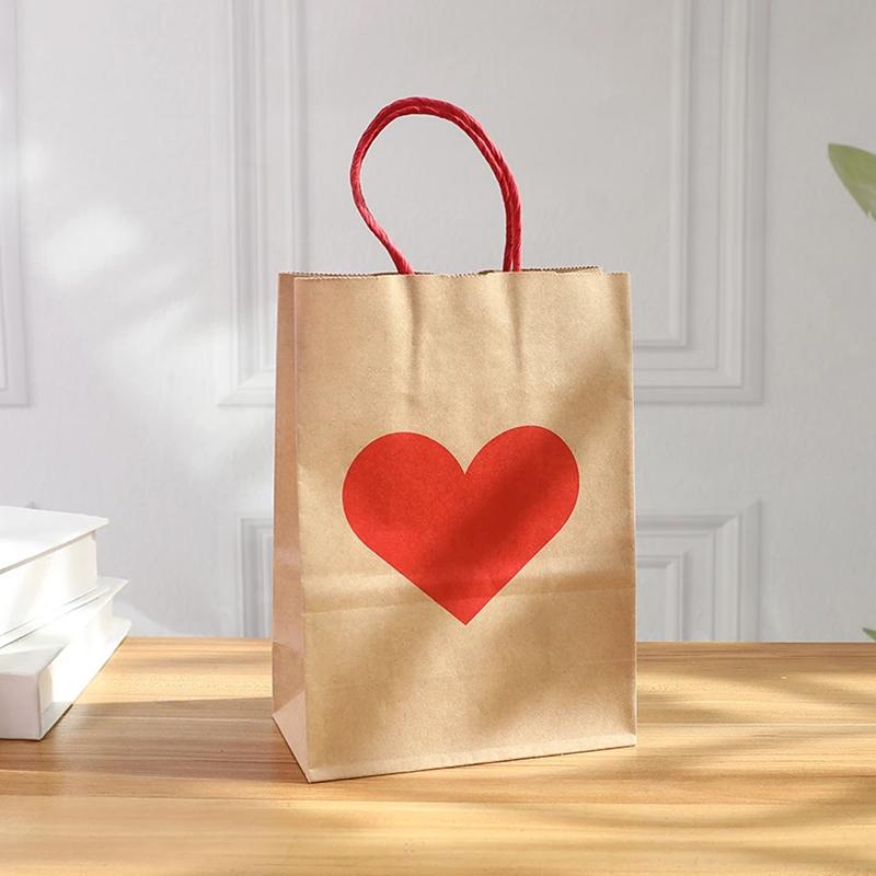 10Pcs/Set Shopping Tote Bag DIY Red Heart Anniversary Party Decor Gift Packing Bags Wedding with Tag Kraft Paper Valentine's Day