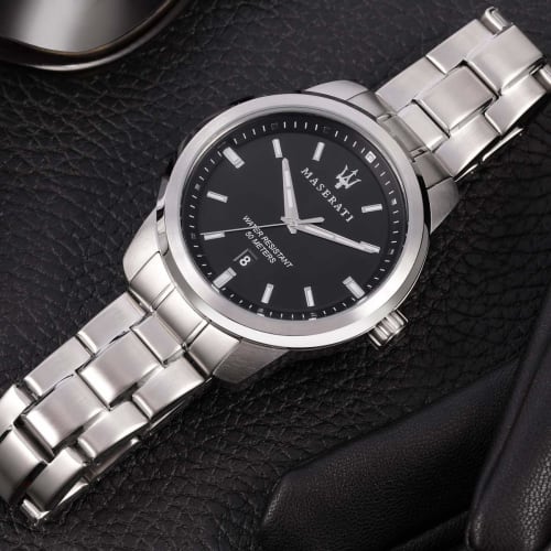 Official Maserati Successo 44mm Black Dial Silver Stainless Steel Men's Quartz Watch R8853121006, Luminous Dial and Hands, 5 ATM Water Resistance, Jap