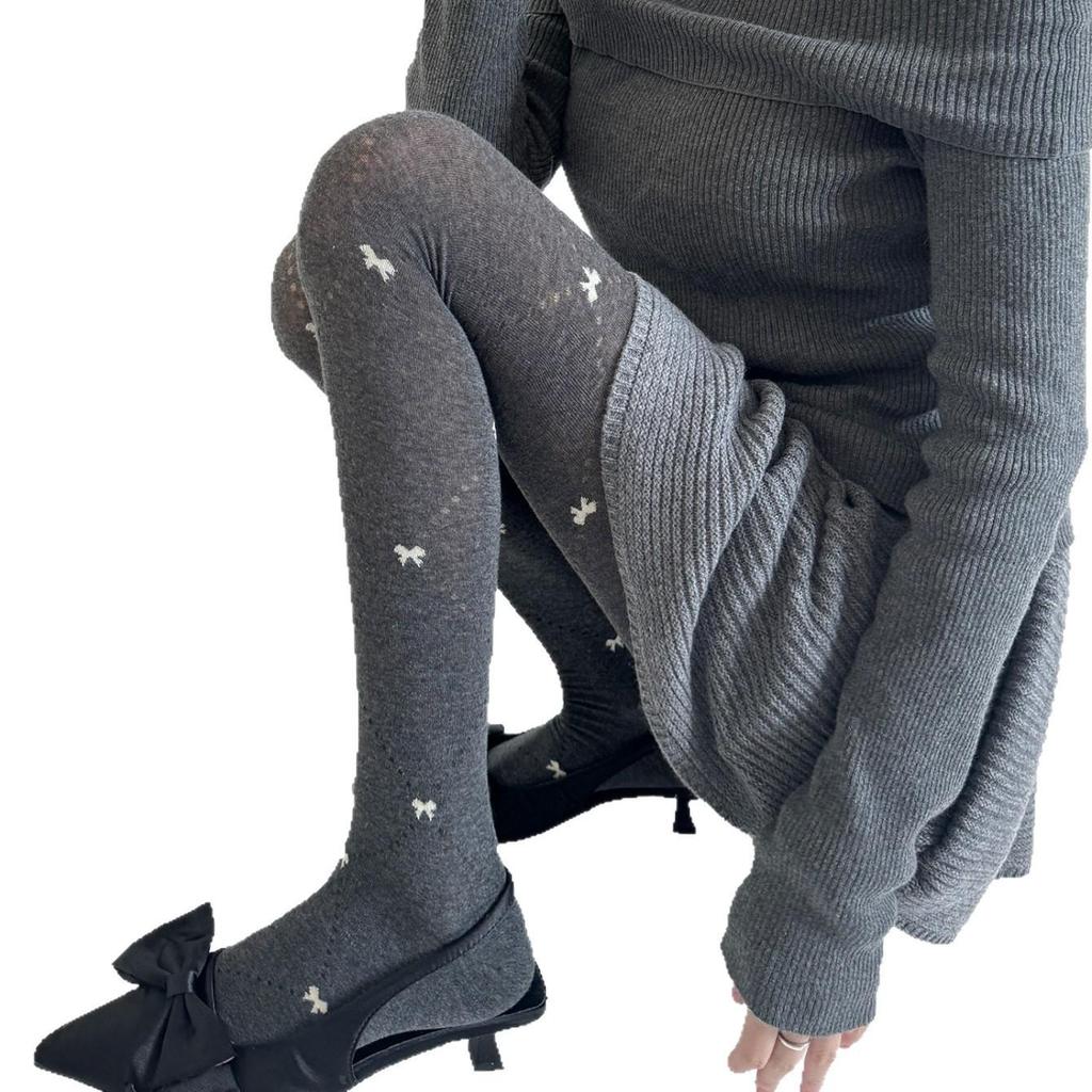 Grey Diamond Bow Embroidery Slimming Tights for Women