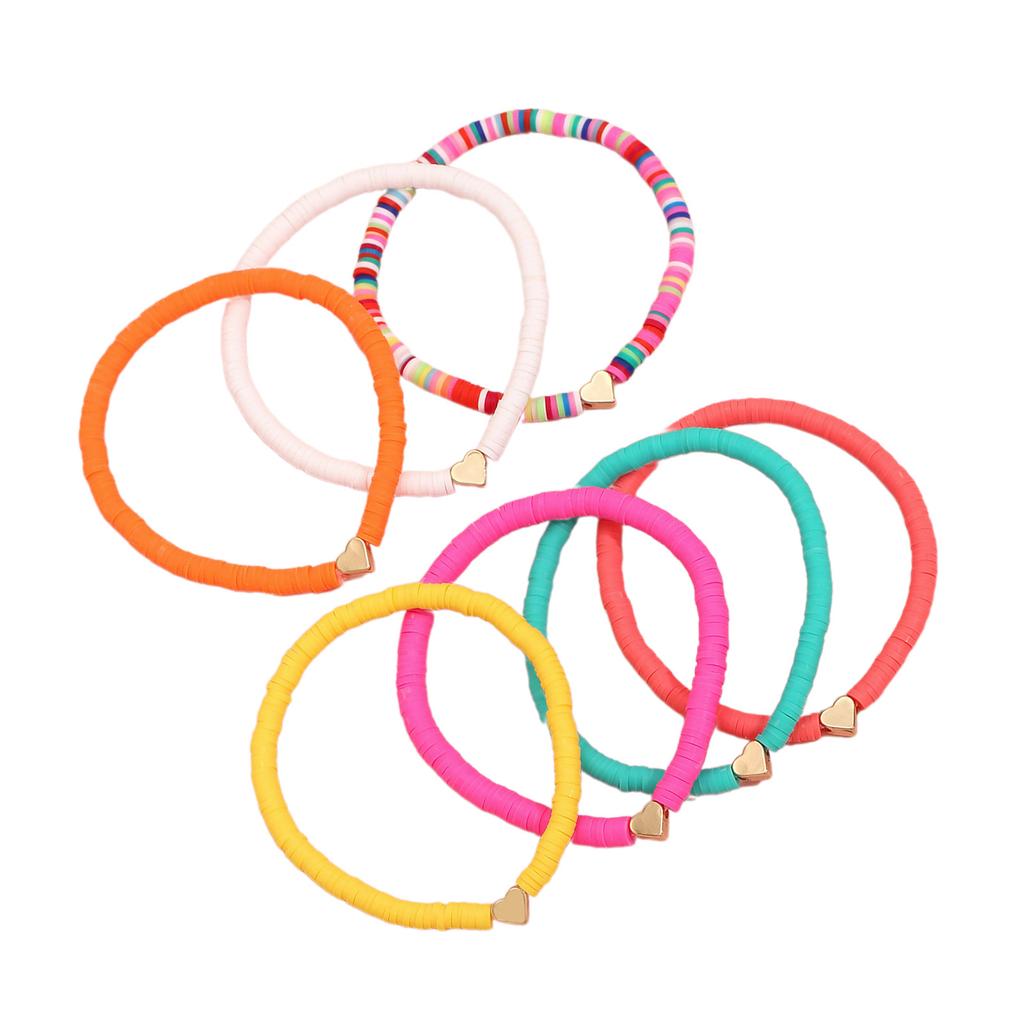 Set of 7 Colorful Heart Charm Stretch Anklet Stylish Soft Pottery Heart Ankle Bracelets Colorful Stretch Accessories