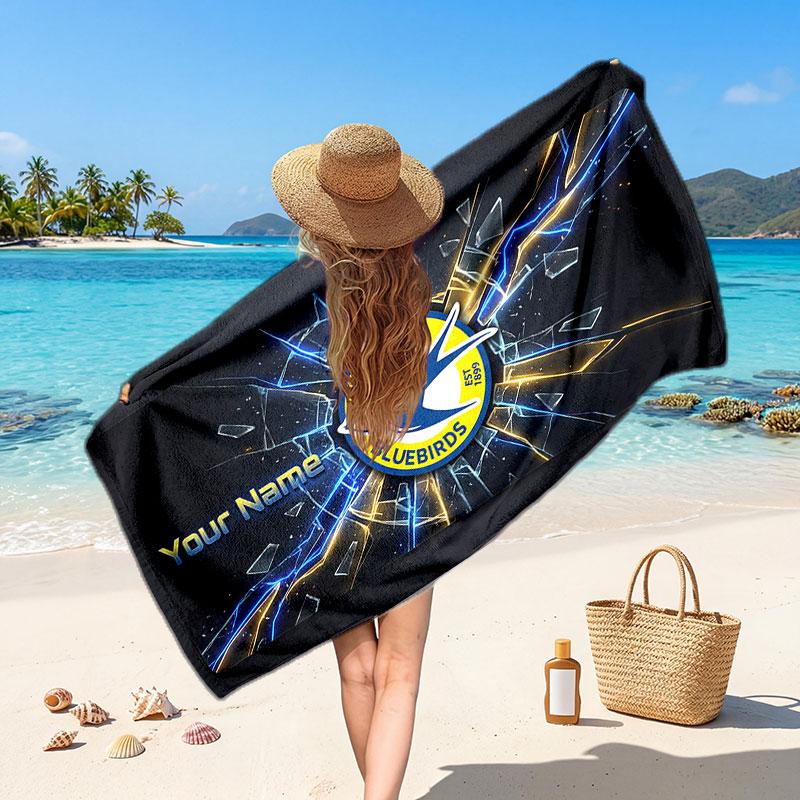 Cardiff City Custom Beach Towel, Personalized Name Text Print, Football Logo Soft Quick‑Dry Towel Holiday Gift