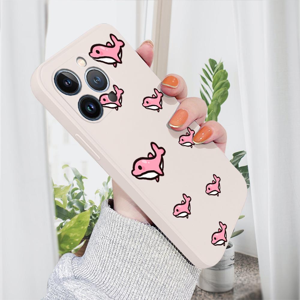 Cute Pink Dolphin Phone Case for iPhone 15 14 13 12 11 Samsung Galaxy A12 A52 S24 S23 Xiaomi POCO Redmi Soft Square Liquid Silicone Cover Casing