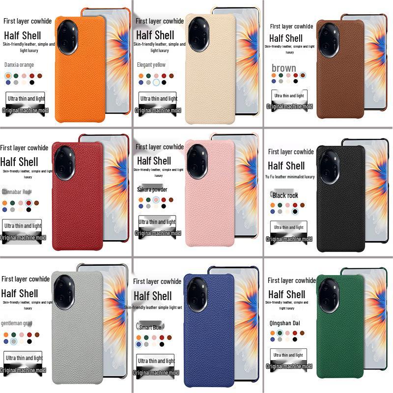 Honor 80 Genuine Leather Half-Cover Case - Cowhide Litchi Pattern, High-End Protective Cover for Honor 80, 80SE, 80Pro